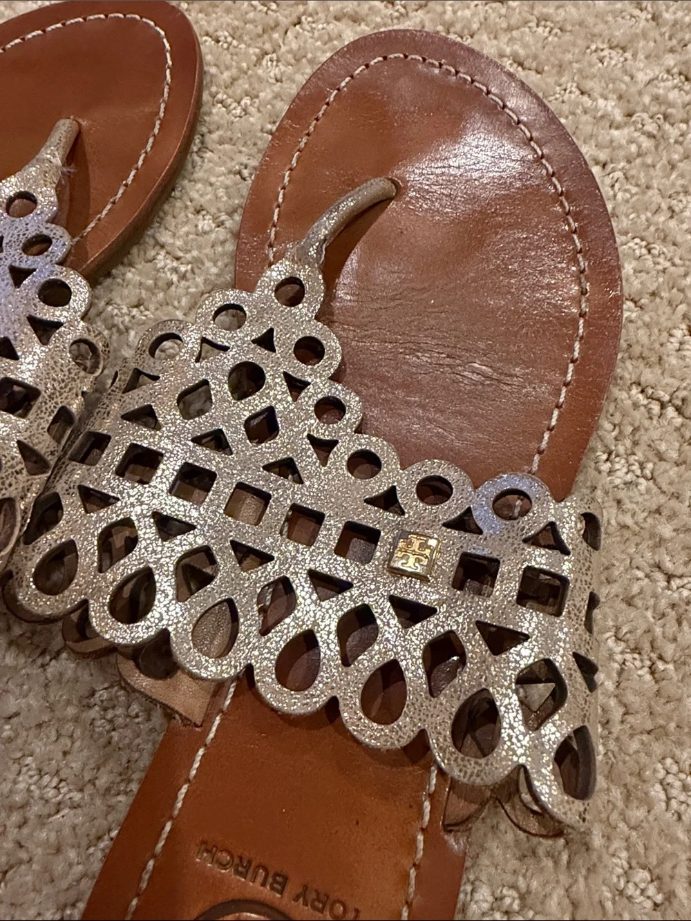 Tory Burch Metallic Bronze Laser-Cut Thong Sandals